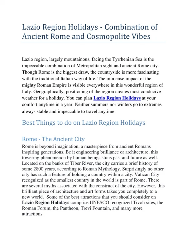 Lazio Region Holidays - Combination of Ancient Rome and Cosmopolite Vibes