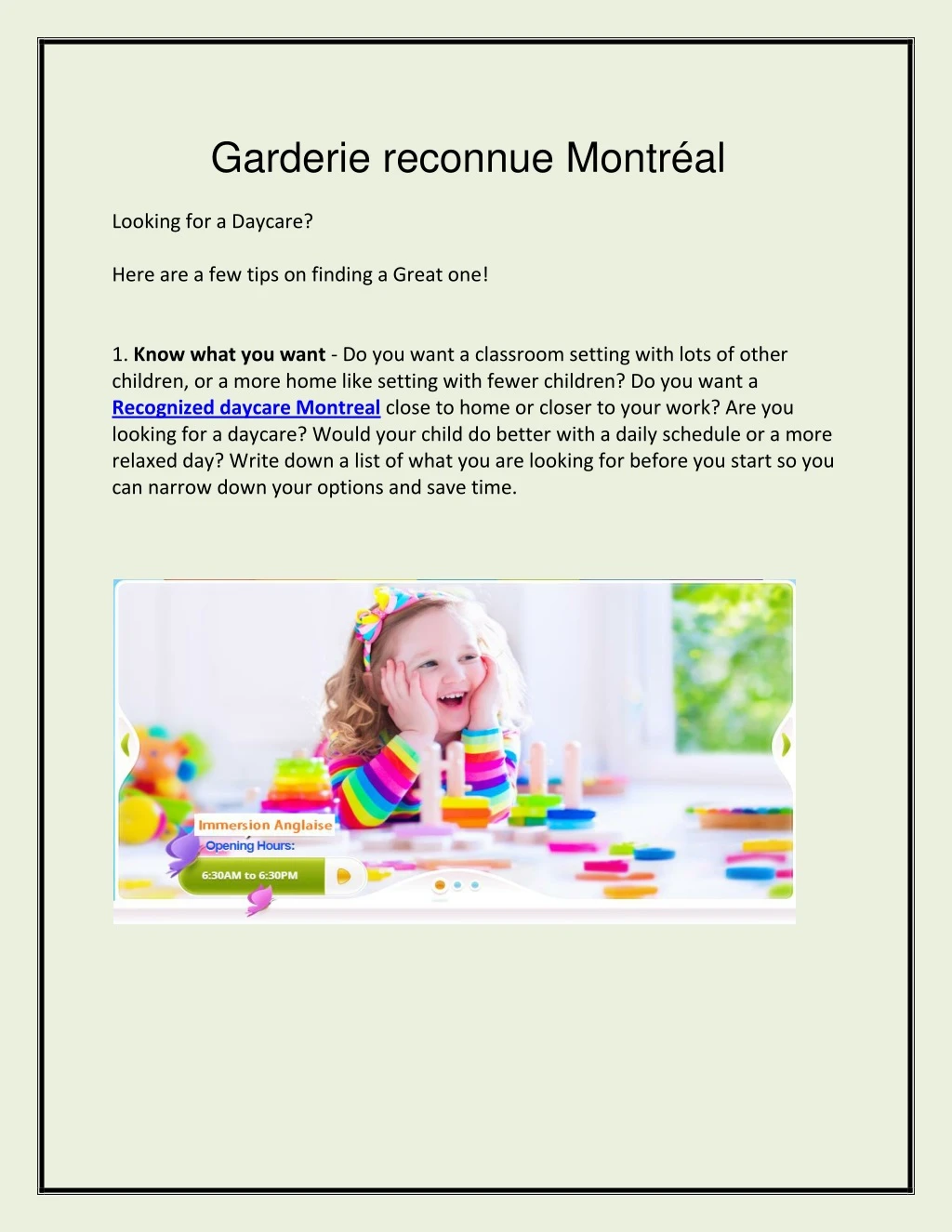 garderie reconnue montr al looking for a daycare