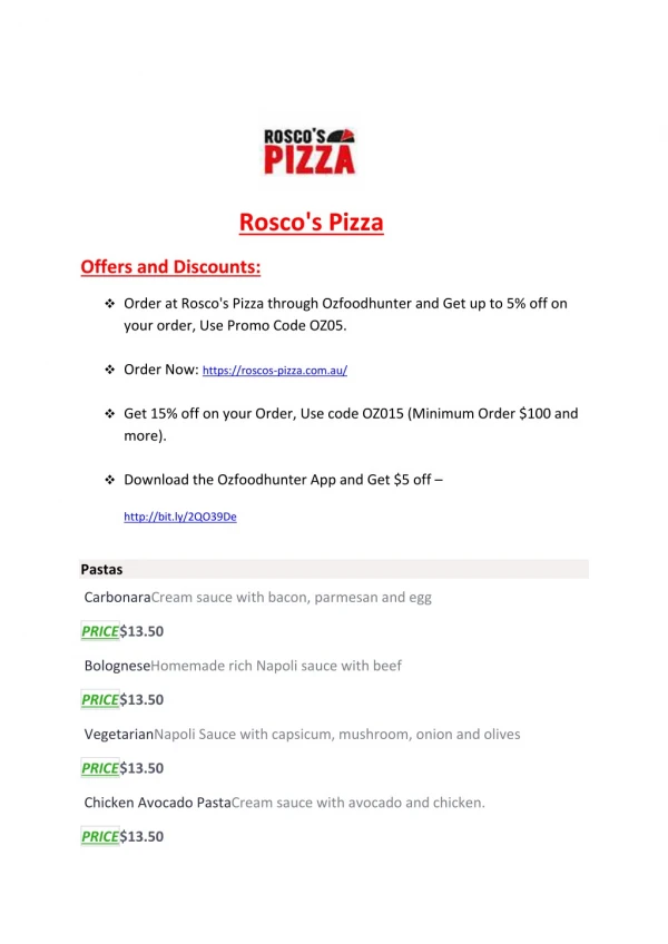 Rosco's Pizza Menu - 5% OFF – Pizza Restaurant in Kilsyt