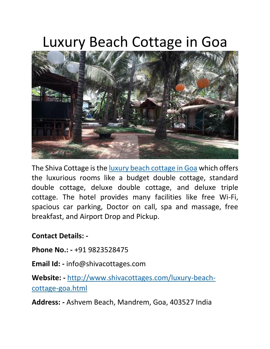 luxury beach cottage in goa