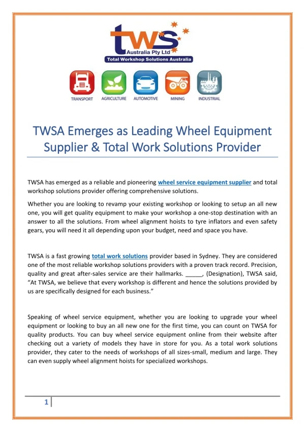 TWSA Emerges as Leading Wheel Equipment Supplier & Total Work Solutions Provider