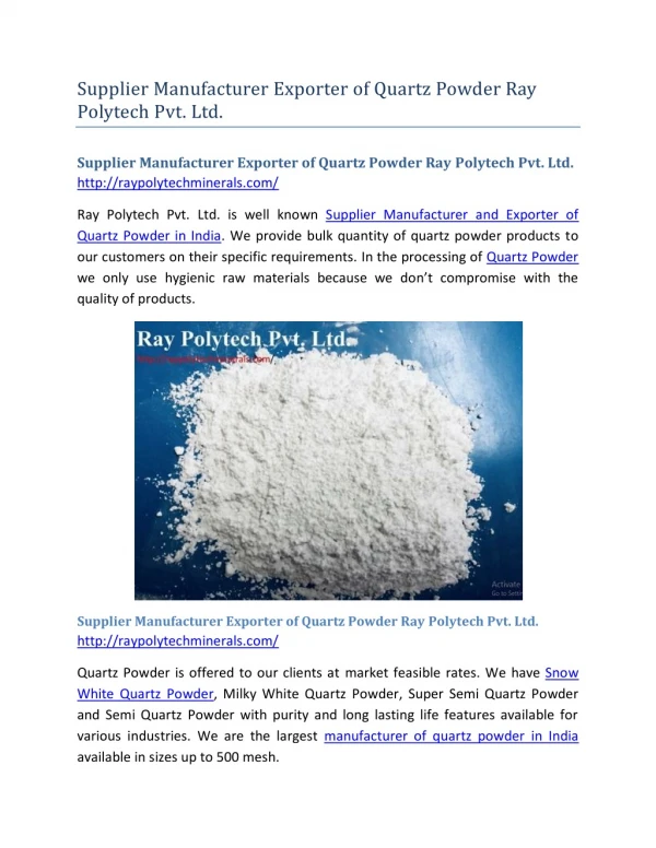 Supplier Manufacturer Exporter of Quartz Powder Ray Polytech Pvt. Ltd.