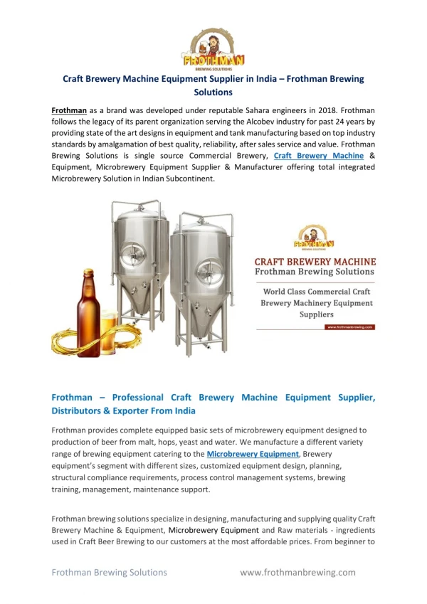 Craft Brewery Machine Equipment Supplier in India – Frothman Brewing Solutions