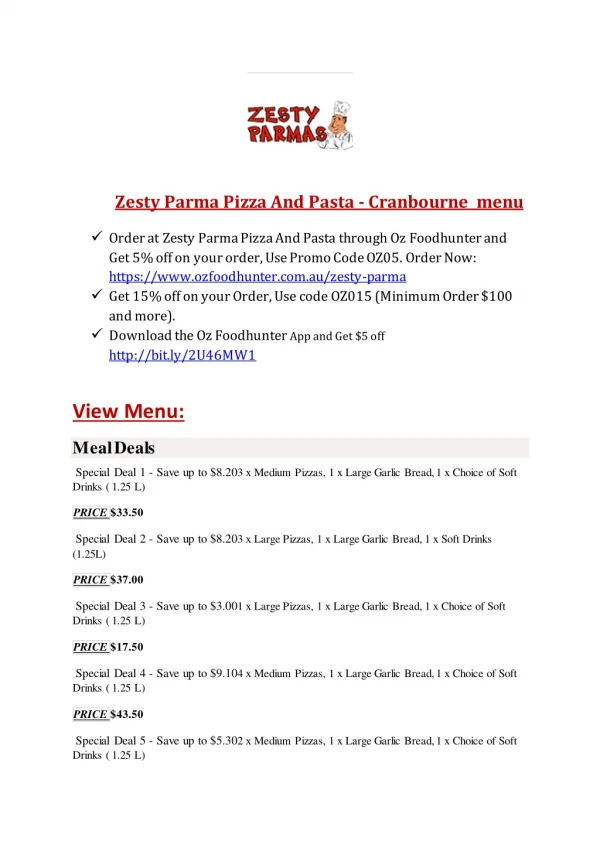 15% Off - Zesty Parma-Cranbourne - Order Food Online
