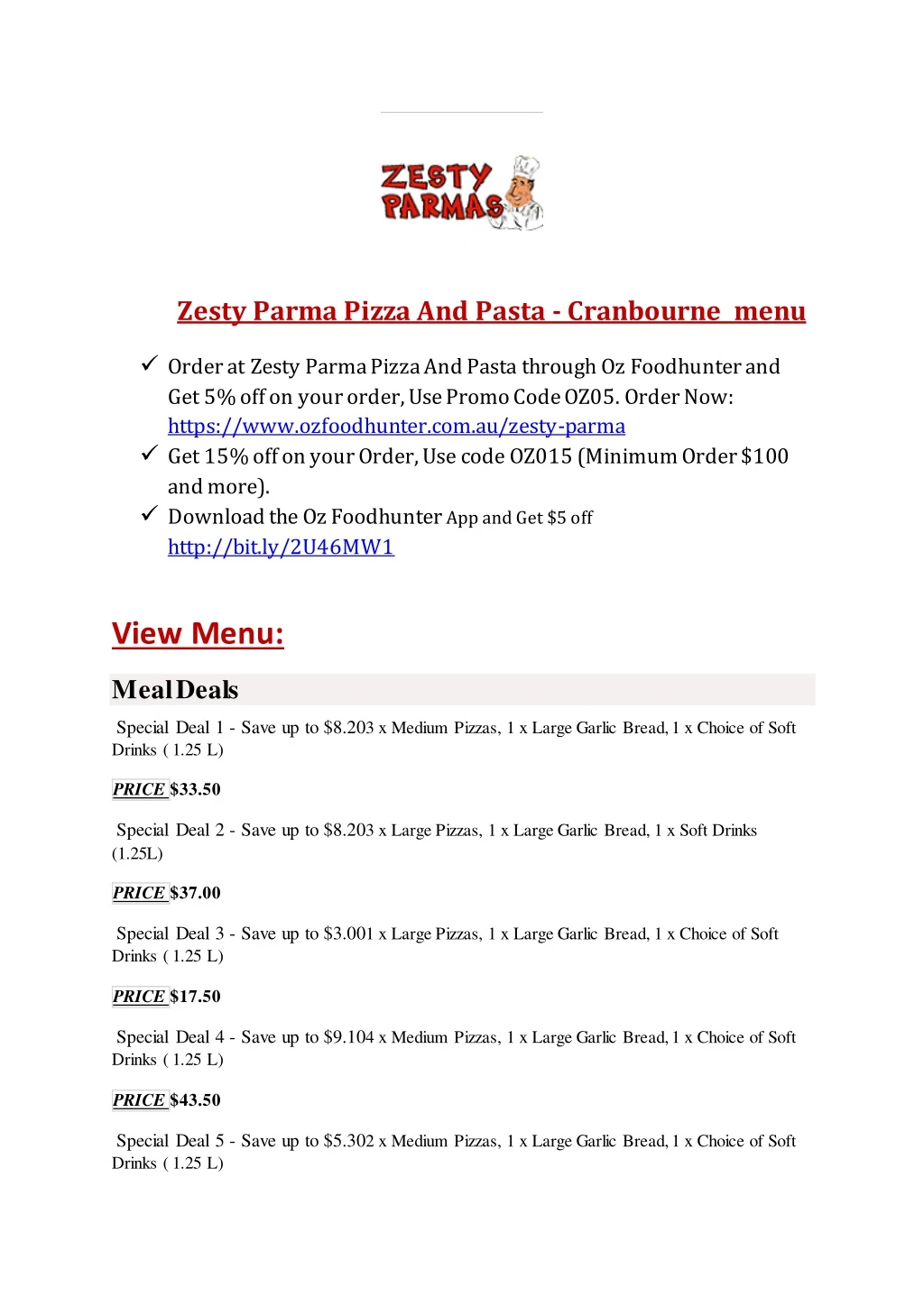 zesty parma pizza and pasta cranbourne menu order