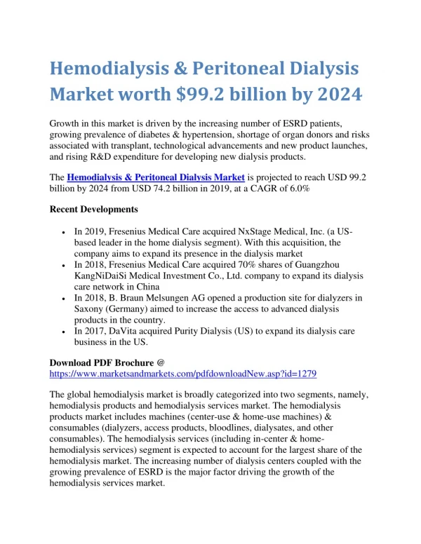 Hemodialysis & Peritoneal Dialysis Market worth $99.2 billion by 2024