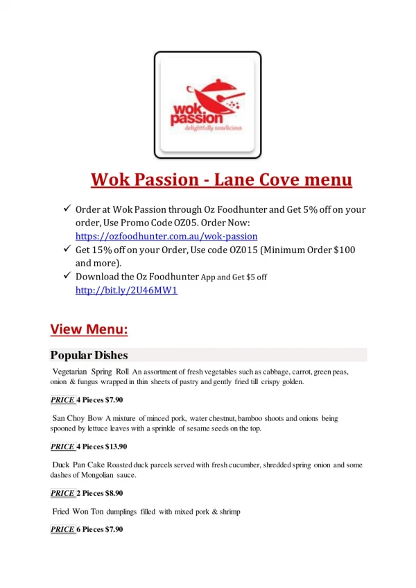 15% Off - Wok Passion-Lane Cove - Order Food Online