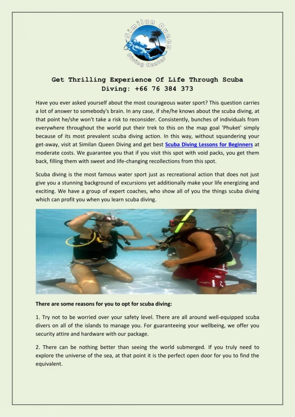 Get Thrilling Experience Of Life Through Scuba Diving: 66 76 384 373