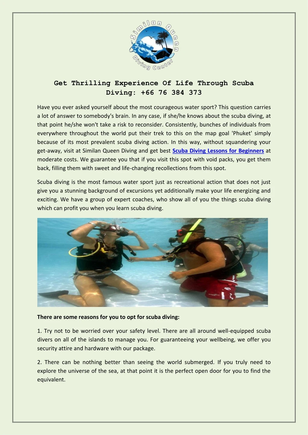 get thrilling experience of life through scuba