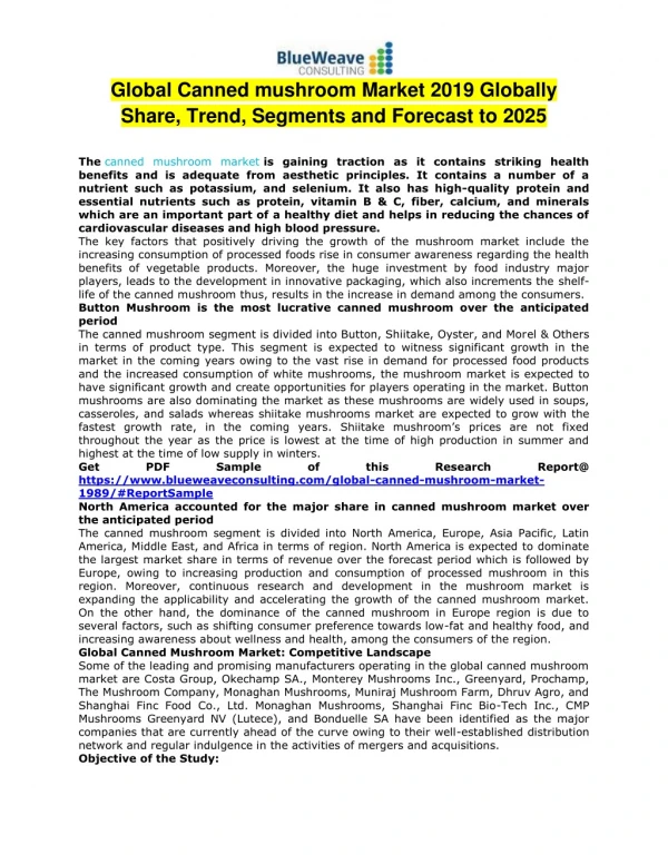 Global Canned mushroom Market 2019 Globally Share, Trend, Segments and Forecast to 2025