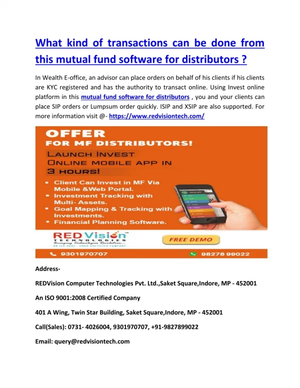 What kind of transactions can be done from this mutual fund software for distributors ?