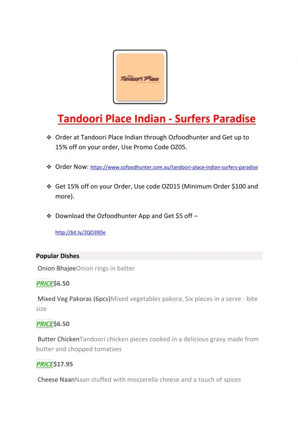 25% Off -Tandoori Place Indian - Surfers Paradise-Surfers Paradise - Order Food Online
