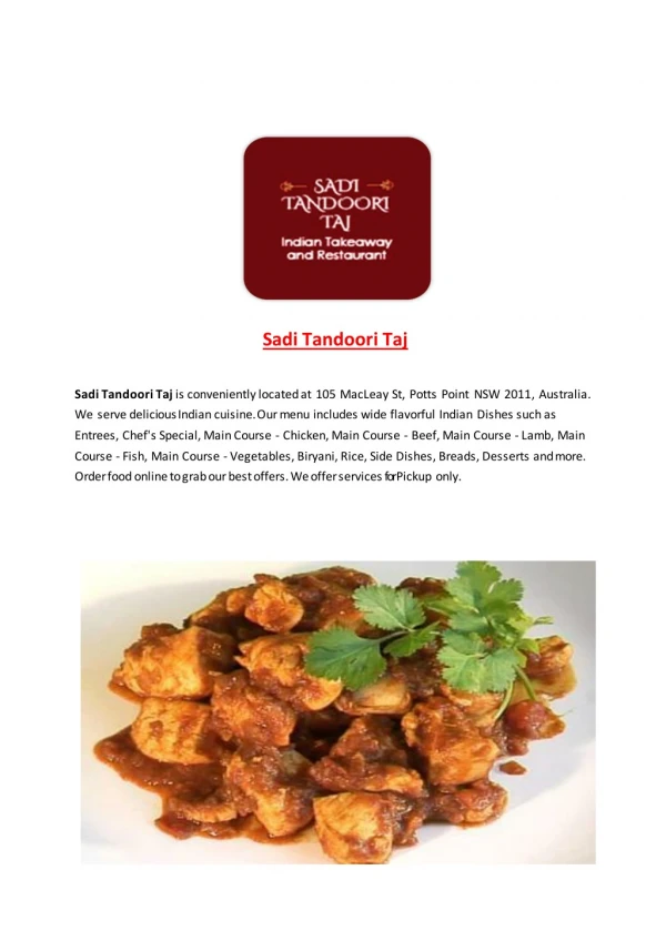 15% Off - Sadi Tandoori Taj-Kings Cross - Order Food Online