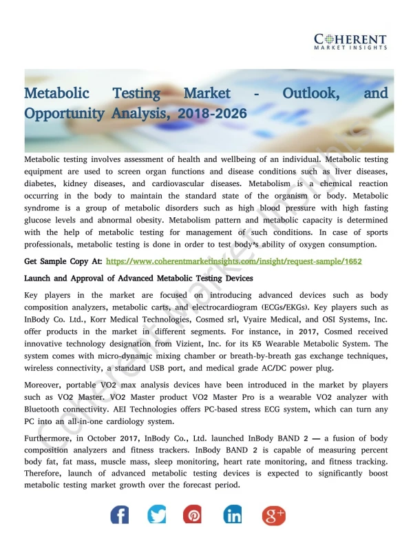 Metabolic Testing Market - Outlook, and Opportunity Analysis, 2018-2026
