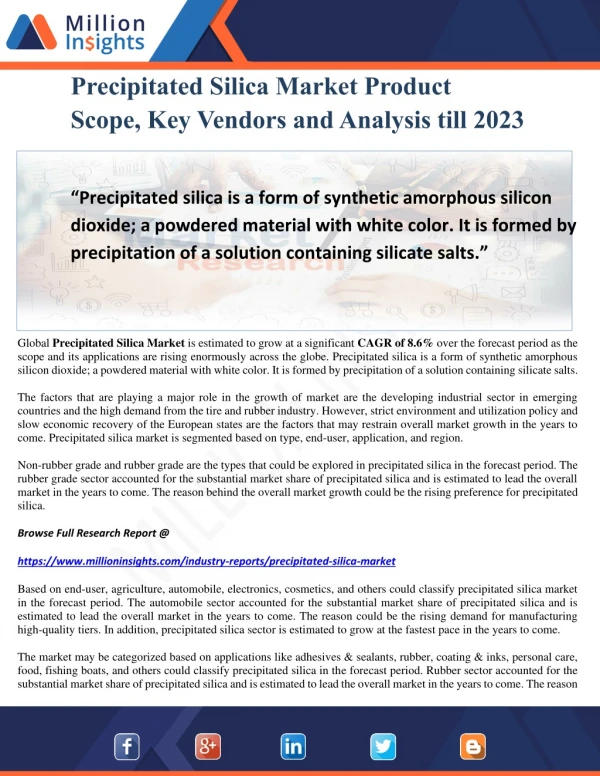 Precipitated Silica Market Product Scope, Key Vendors and Analysis till 2023