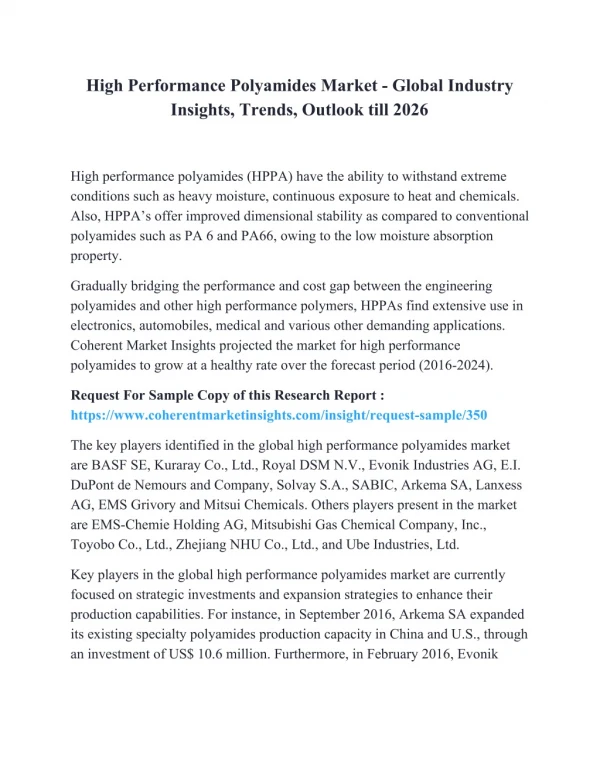 High Performance Polyamides Market - Global Industry Insights, Trends, Outlook till 2026