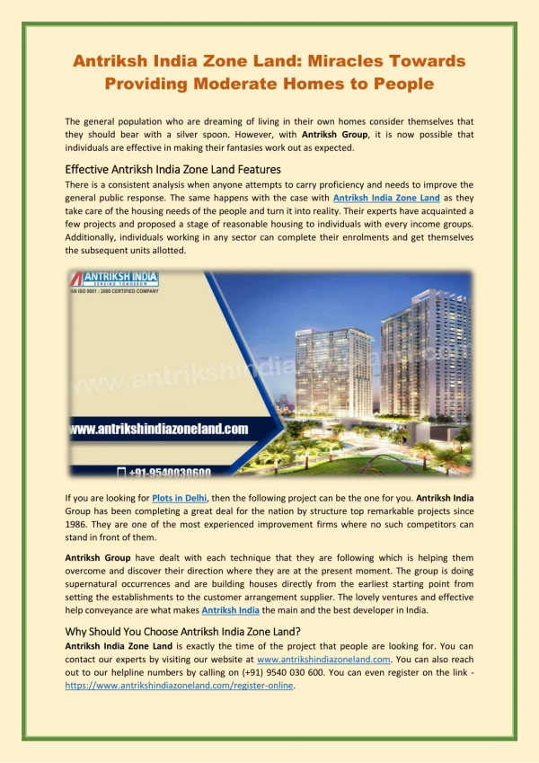 Antriksh India Zone Land: Miracles Towards Providing Moderate Homes to People