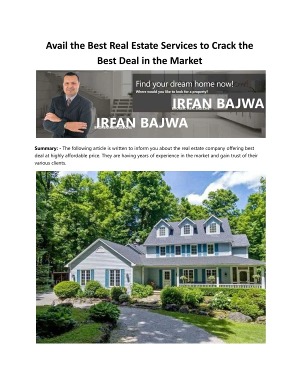 Avail the Best Real Estate Services to Crack the Best Deal in the Market by www.irfanbajwa.com