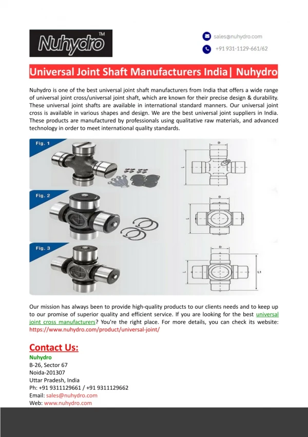 Universal Joint Shaft Manufacturers India-Nuhydro