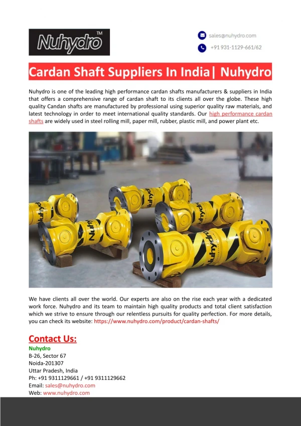 Cardan Shaft Suppliers In India-Nuhydro