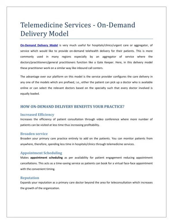 Telemedicine Services - On-Demand Delivery Model