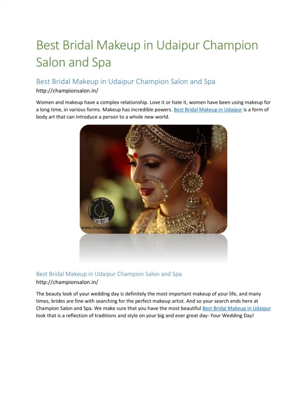 Best Bridal Makeup in Udaipur Champion Salon and Spa