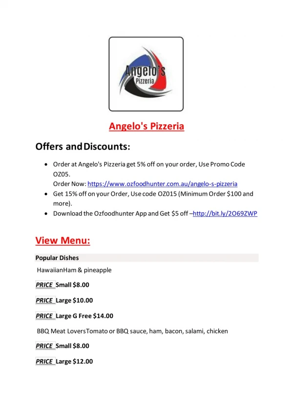 15% Off - Angelo's Pizzeria-Oakleigh South - Order Food Online