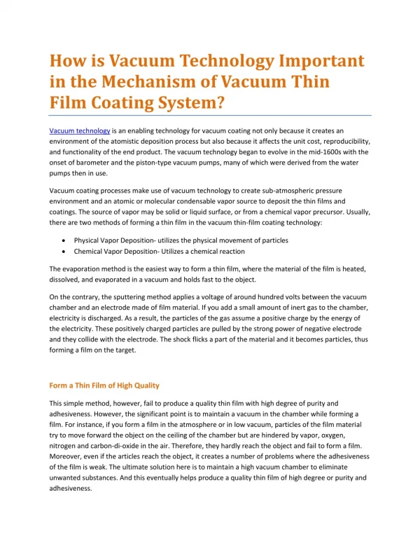 How is Vacuum Technology Important in the Mechanism of Vacuum Thin Film Coating System