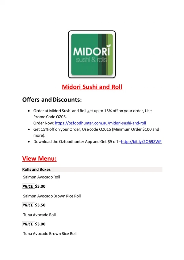 25% Off -Midori Sushi and Roll-Meadowbank - Order Food Online