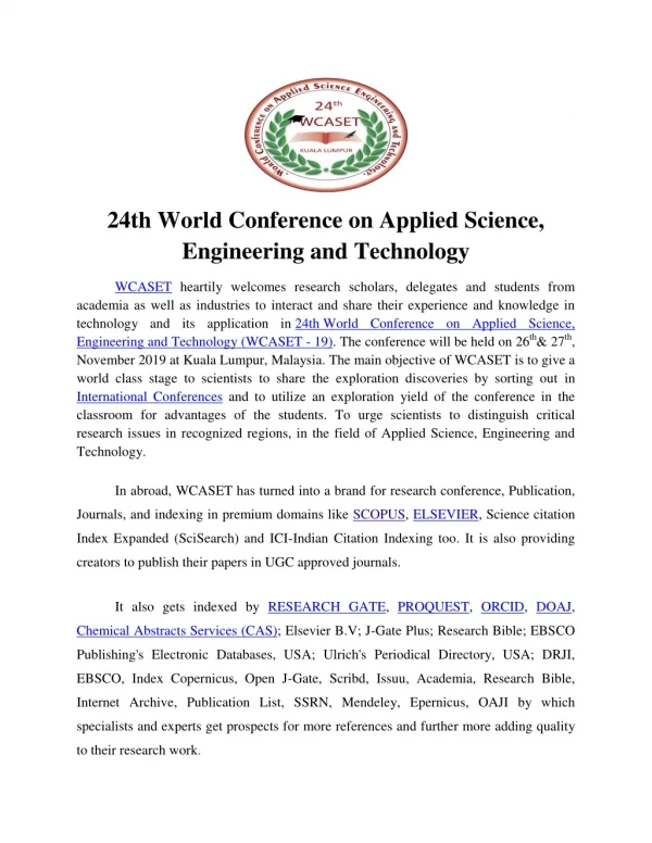 24th World Conference on Applied Science, Engineering and Technology