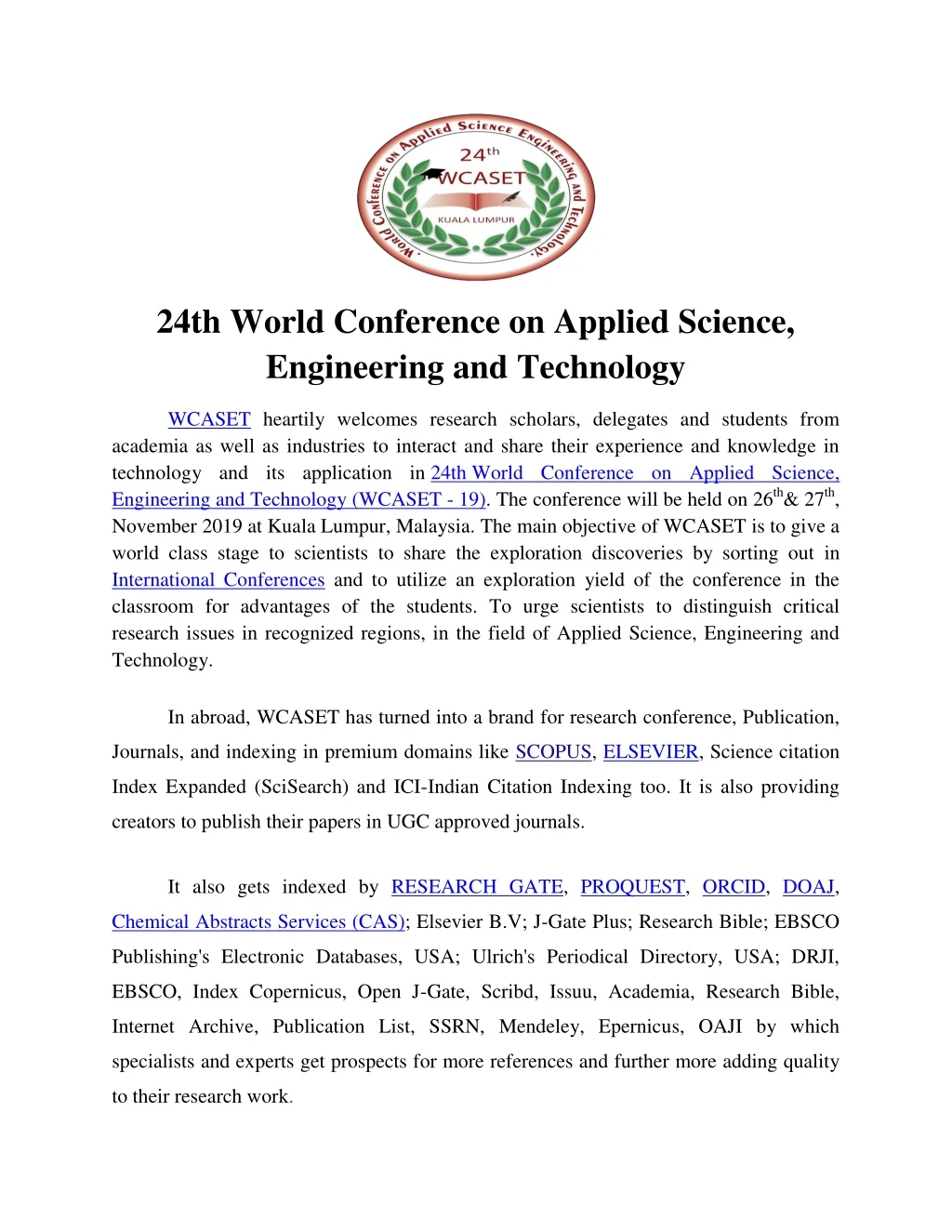 24th world conference on applied science