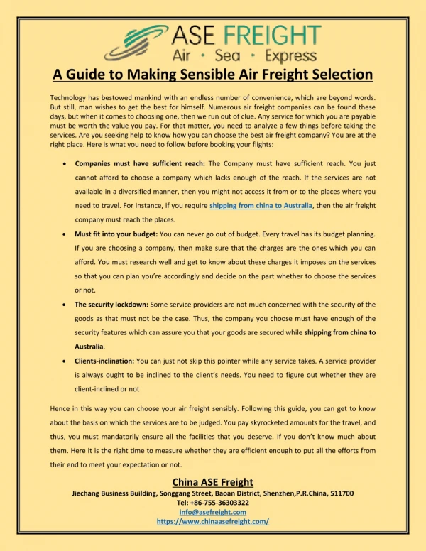 A Guide to Making Sensible Air Freight Selection