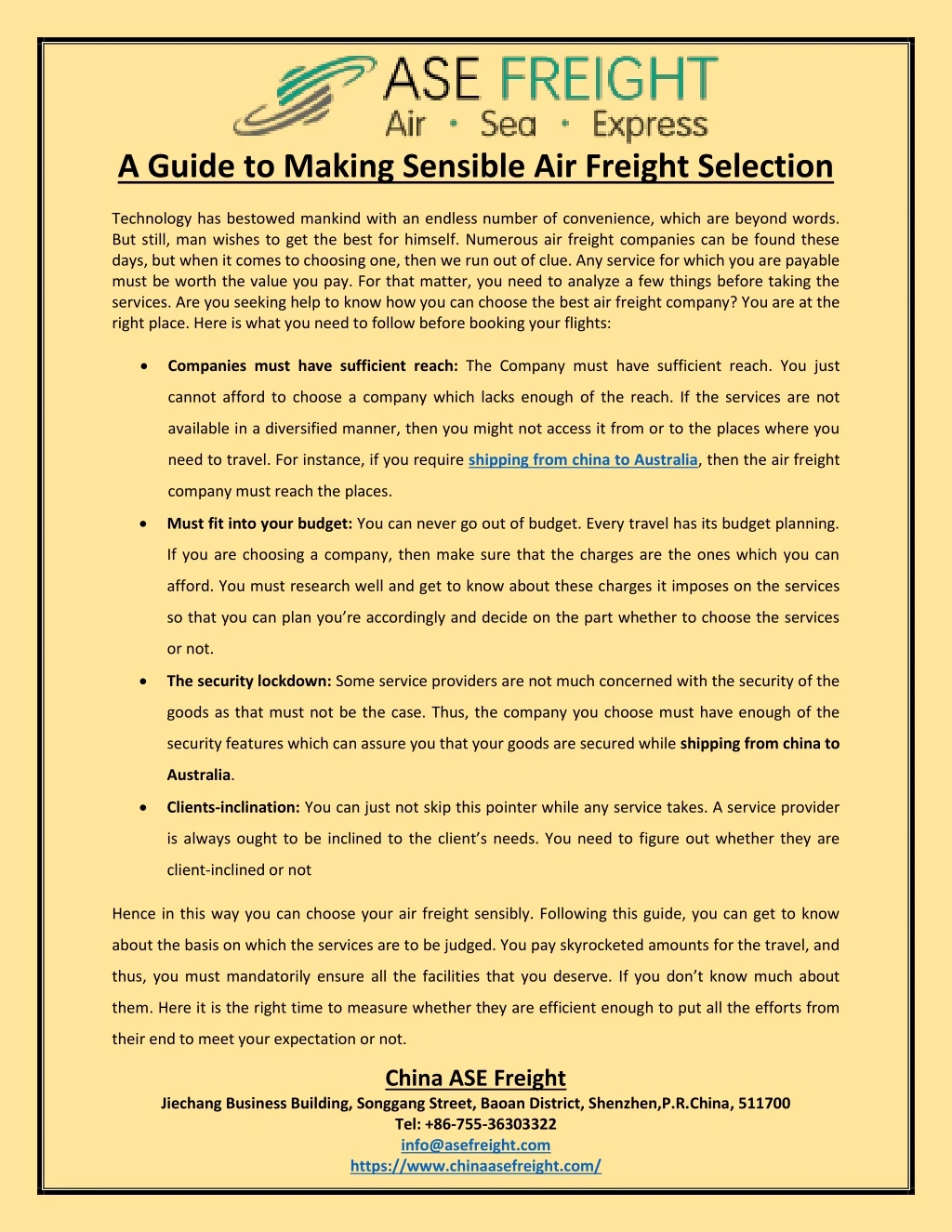 a guide to making sensible air freight selection