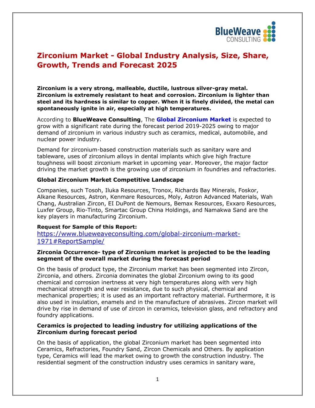 zirconium market global industry analysis size