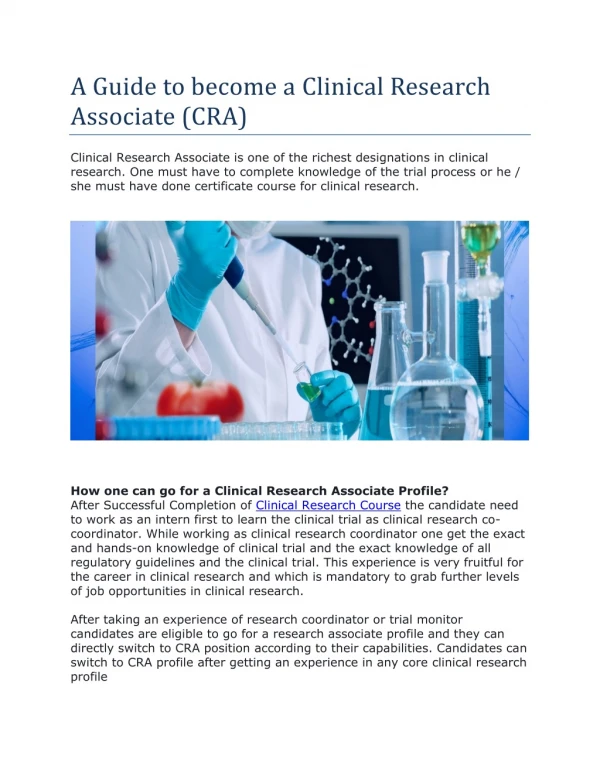A Guide to become a Clinical Research Associate (CRA)