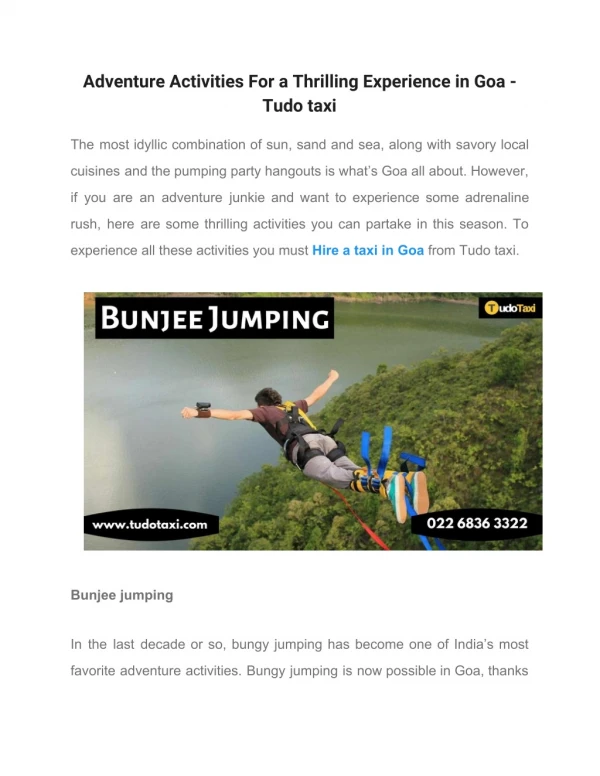 Adventure Activities For a Thrilling Experience in Goa - Tudo taxi