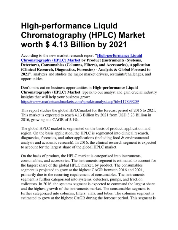 High-performance Liquid Chromatography (HPLC) Market worth $ 4.13 Billion by 2021