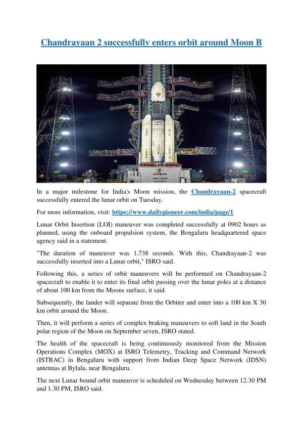 Chandrayaan 2 successfully enters orbit around Moon B