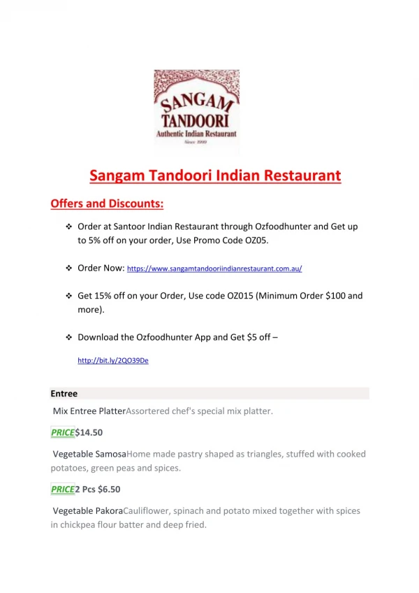 15% Off - Sangam Tandoori Indian Restaurant-Williamstown - Order Food Online