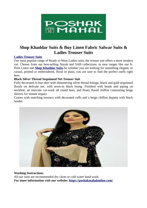 Shop Khaddar Suits & Buy Linen Fabric Salwar Suits & Ladies Trouser Suits