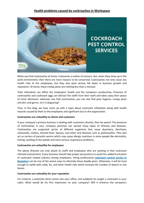 Health problems caused by cockroaches in Workspace