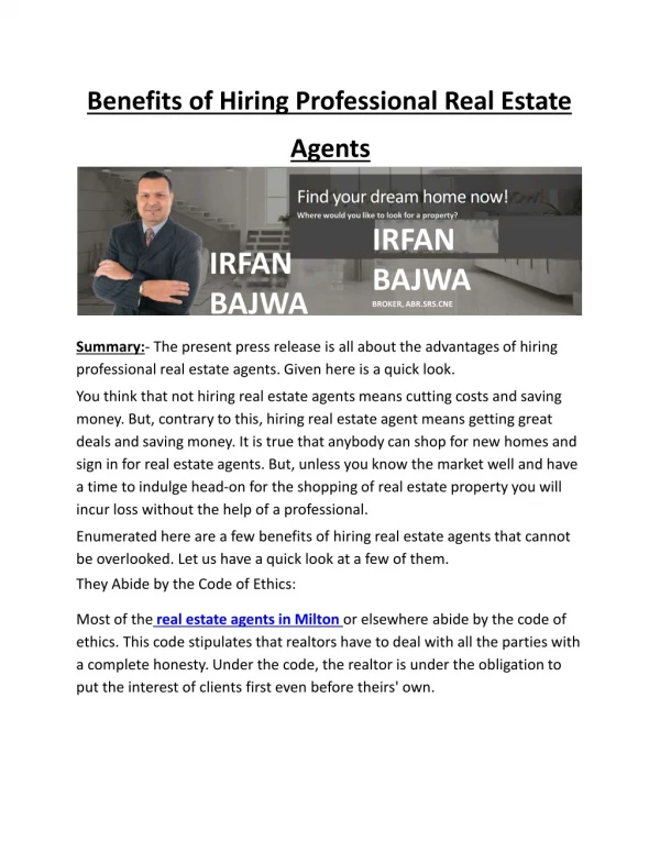 Benefits of Hiring Professional Real Estate Agents by www.irfanbajwa.com
