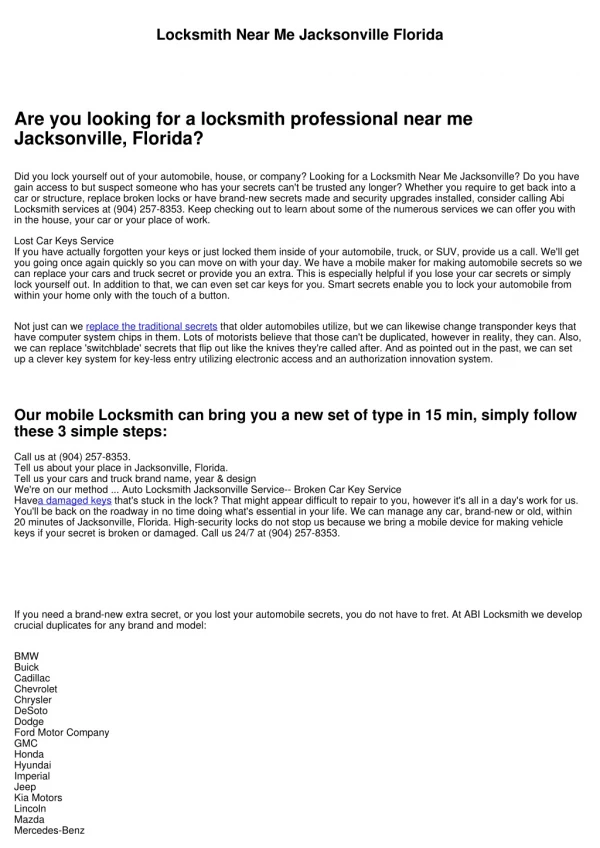 Locksmith professional Near Me Jacksonville FL