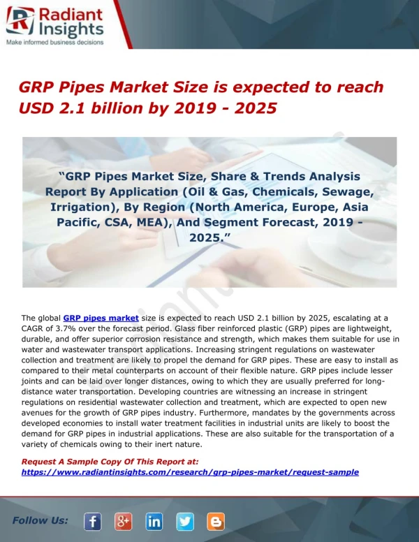 GRP Pipes Market Size is expected to reach USD 2.1 billion by 2019 - 2025