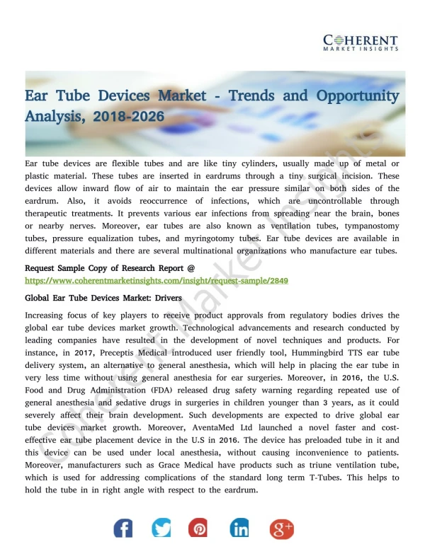 Ear Tube Devices Market - Trends and Opportunity Analysis, 2018-2026