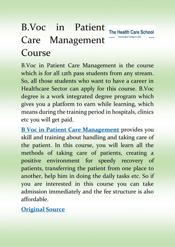 B.Voc in Patient Care Management Course