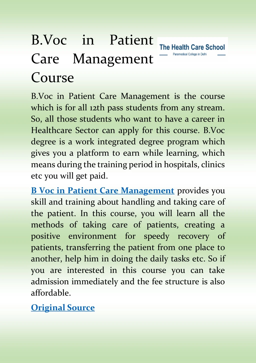 b voc in patient care management course