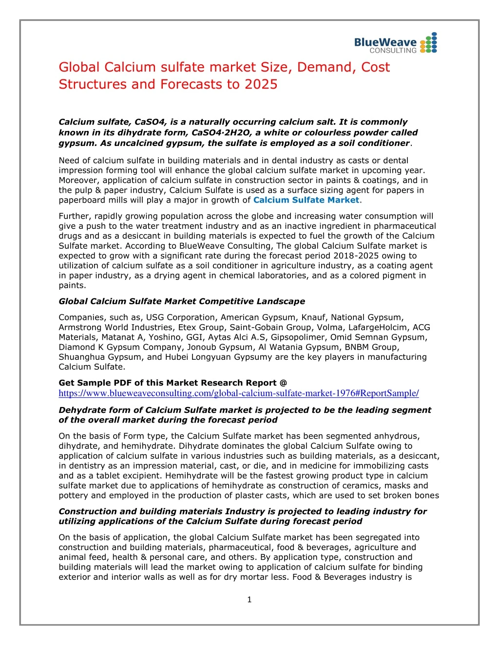 global calcium sulfate market size demand cost