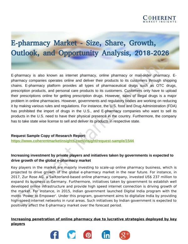 E-pharmacy Market Progresses for Huge Growth to 2026 Envisage by Global Top Players