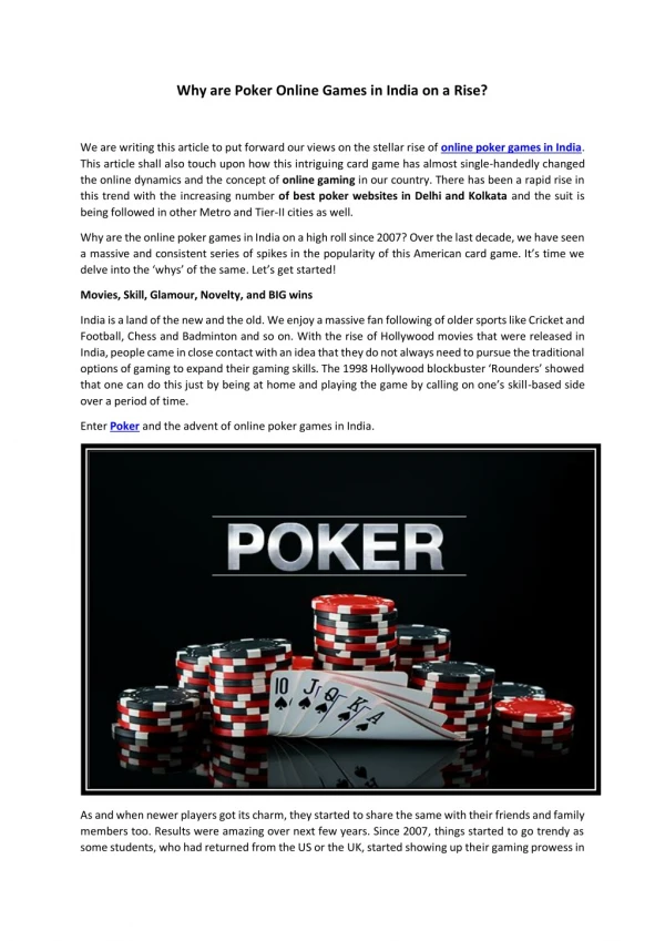 Why are Poker Online Games in India on a Rise?